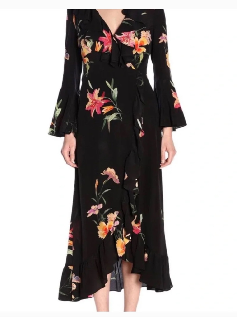 Etro Black Floral Ruffle Wrap Midi Dress